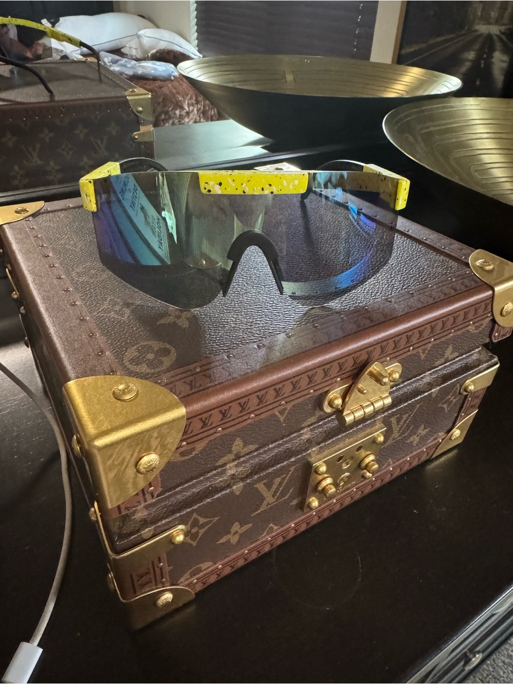 Yellow-Accent Mirrored Shield Sunglasses for Men
